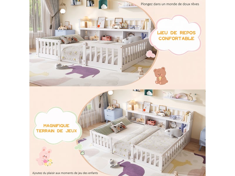 Lit enfant au sol 140 x 200 cm montessori avec barrières - tête de lit avec niches de rangement - sommier à lattes inclus - entrée ouverte basse - cadre de lit deux places ras du sol pour petite fille ou garçon pour chambre d'en… - Conforama R