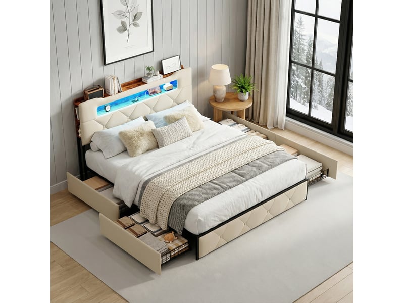  Lit 140x190 avec 4 tiroirs, lit double capitonné avec éclairage led &amp; ports usbtype-c, tête de lit avec rangement,  lit adulte en velours, beige  - Conforama B