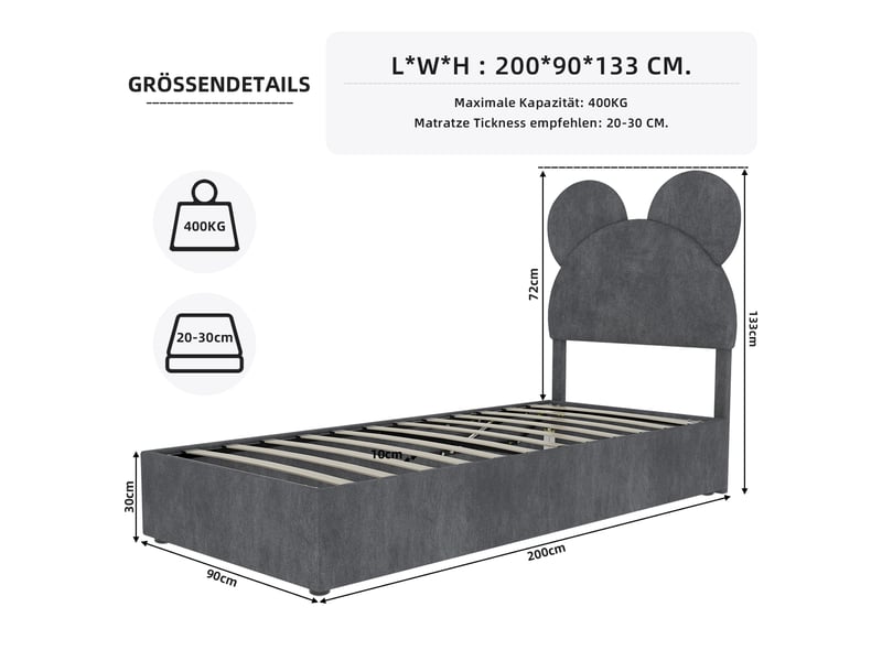 Lit coffre enfant 90x200 cm, tête de lit dessin animé, gris, sans matelas, sans fond - Conforama C