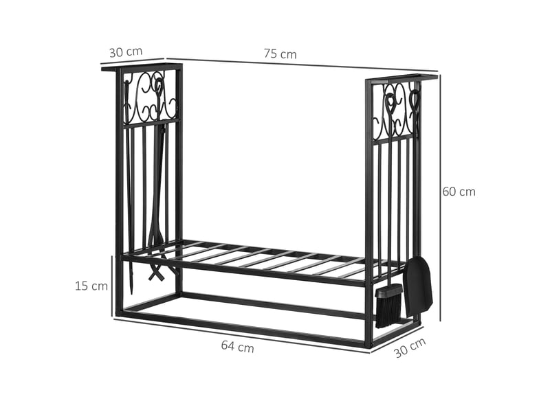 Porte-bûches en acier noir avec 4 outils, capacité 100 kg, 75 x 30 x 60 cm - Conforama D