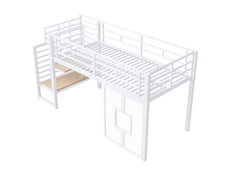 Lit 1 place 90 x 200 cm structure en métal escalier intégré rangement intégré éclairage led fenêtres latérales finition blanche - Conforama A