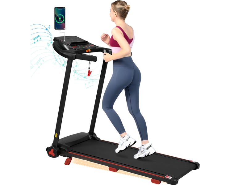 Tapis de course pliable 125x62x106 cm noir en métal, inclinaison 8%, vitesse 14 kmh, écran led bluetooth  - Conforama A