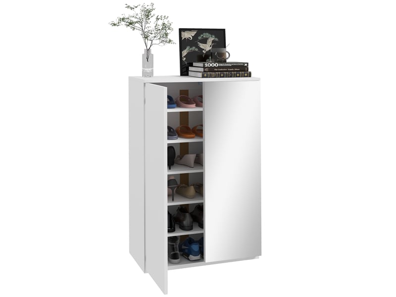  Meuble à chaussures avec miroir pour 18 paires de chaussures, 5 étagères réglables, pour entrée, 60 x 32 x 95 cm, blanc  - Conforama A