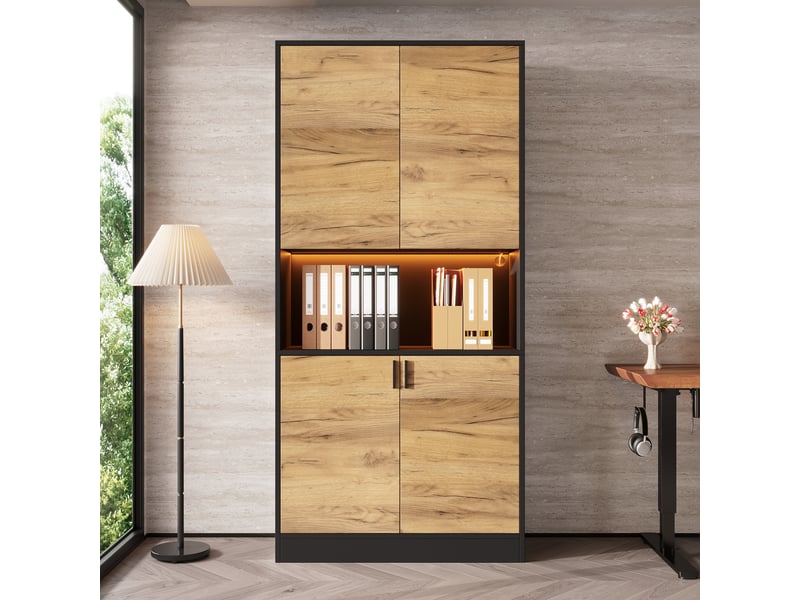 Armoire de rangement 80x35x180 cm avec led, meuble de bureau effet bois noir avec étagères réglables, bibliothèque portes pour salon bureau et entrée - Conforama C