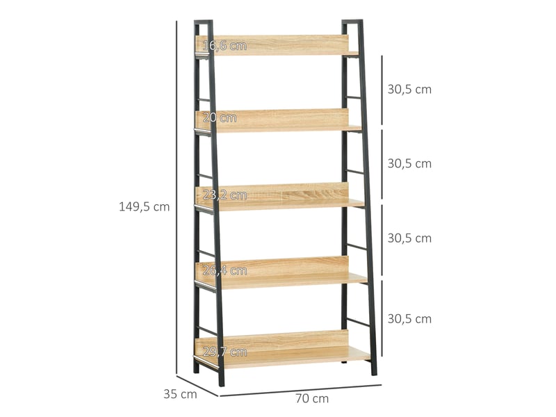  Bibliothèque à 5 niveaux, bibliothèque de salon, structure en métal, 70 x 35 x 149,5 cm, naturelle  - Conforama E