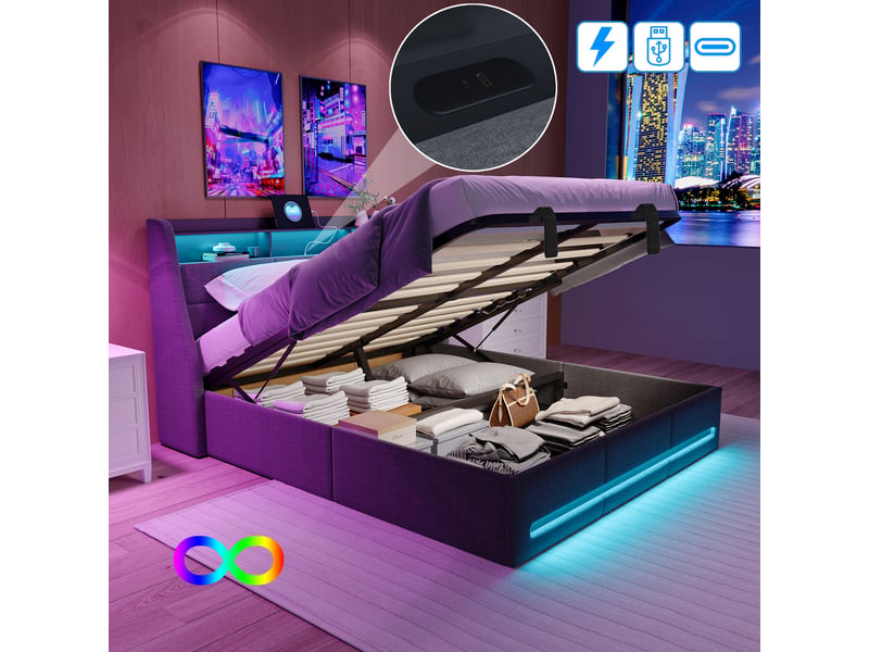  Lit coffre 160x200 cm avec led, lit 2 places avec sommier à lattes, lit double rembourré lit adulte avec tête de lit, port usb, tissu en lin, gris, sans matelas  - Conforama E