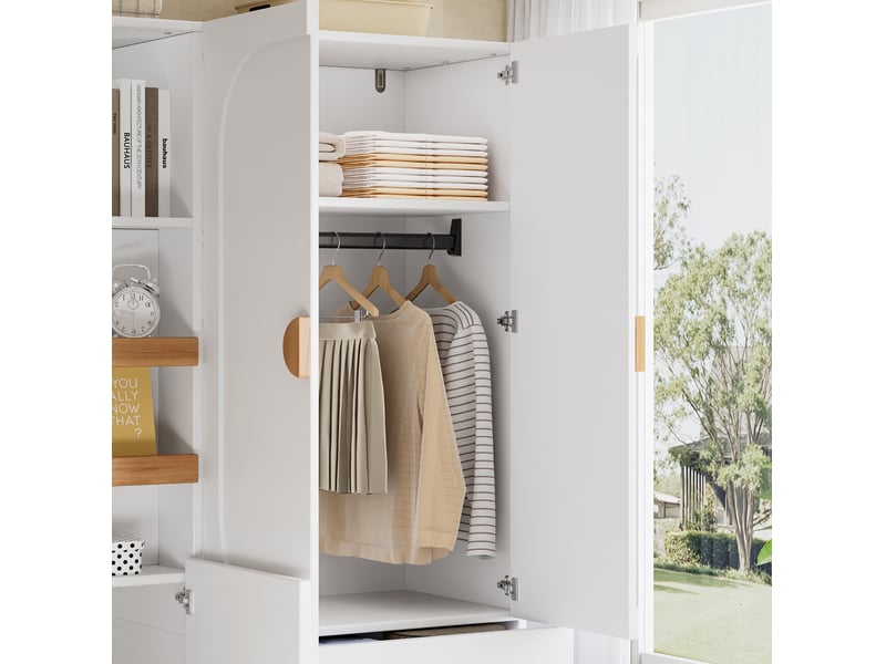  Armoire avec penderie, 2 tiroirs et étagères ouvertes pour chambre ou entrée, mdf blanc naturel, 125 × 50 × 180 cm  - Conforama E