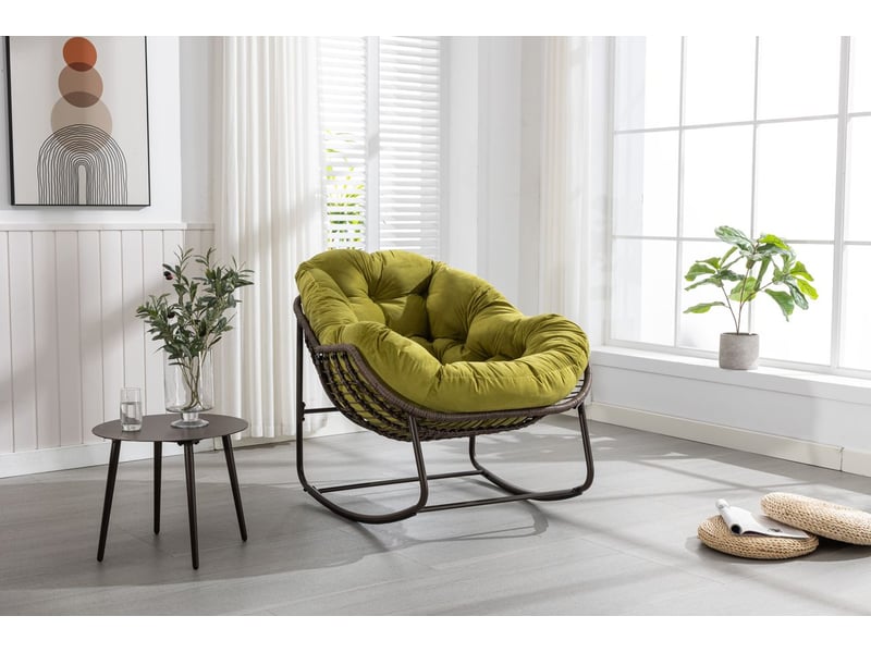  Fauteuil de jardin rotin d'extérieur chaise berçante coussin rembourré fauteuil inclinable vert olive  - Conforama E