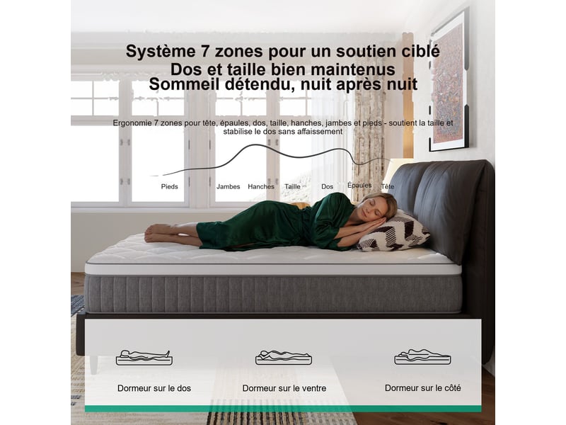  Novilla matelas en mousse 140 x 200 cm, épaisseur 25 cm, réversible, 7 zones, housse lavable, tissu oeko-tex, mousse certipur-us  - Conforama C