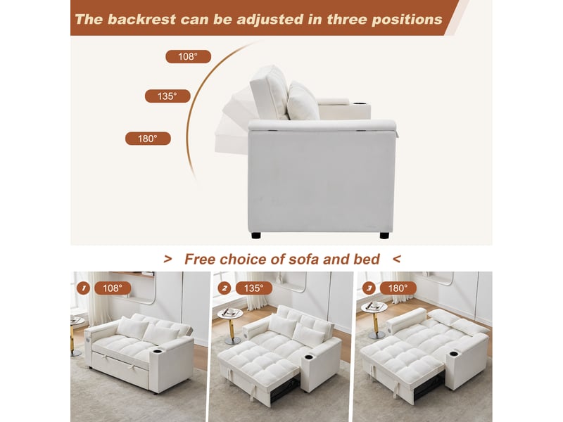  Canapé convertible 3 en 1, canapé 2 places beige en tissu, lit d'appoint avec dossier réglable et ports usb pour salon et chambre.  - Conforama D