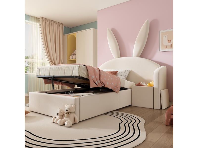 Lit coffre 90x190 cm, lit enfant, rangement hydraulique, table de chevet, motif lapin, velours beige  - Conforama A