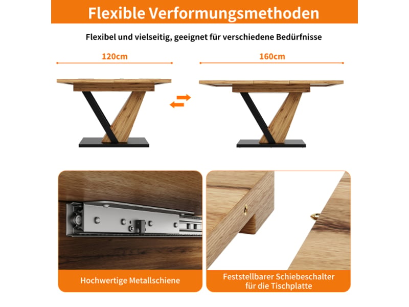 Table à manger extensible 120-160 cm, 75 x 75,5 cm, cuisine et salon, plateau bois grainé  - Conforama E