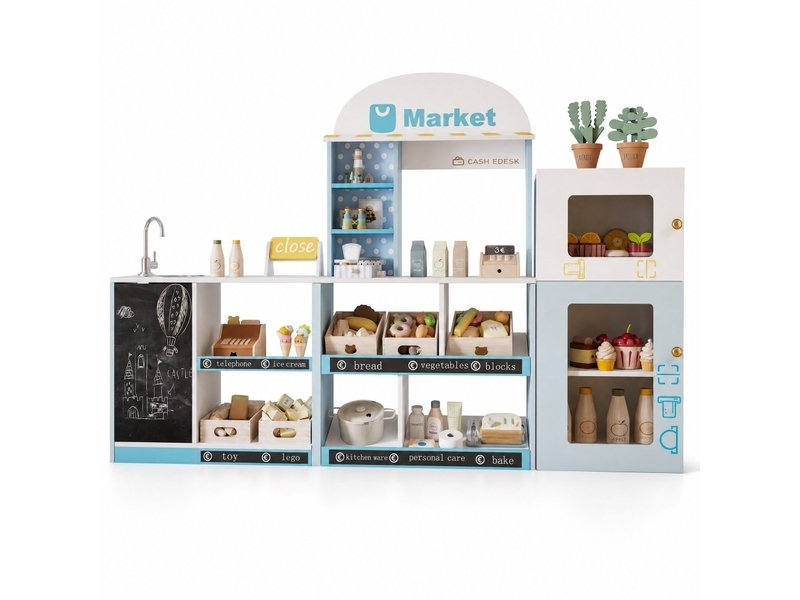  Magasin de jeu pour enfants 155x30x107,5 cm avec rayons, réfrigérateur, tableau noir inscriptible, comptoir latéral et robinet, mdf, bleu  - Conforama A
