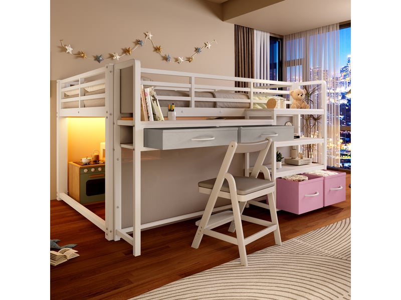  Lit mezzanine métal 140x200 cm - avec bureau et 4 tiroirs - étagères et éclairage led - barrières de sécurité - blanc(sans matelas)  - Conforama E