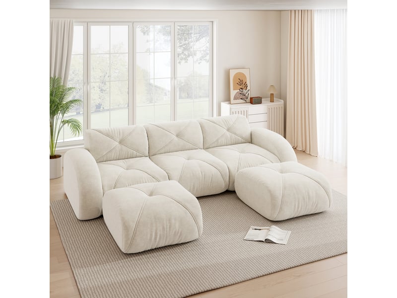 Canapé modulaire en u 3 places avec 2 poufs, sans montage, pour salon, au confort doux, en chenille beige clair - Conforama D