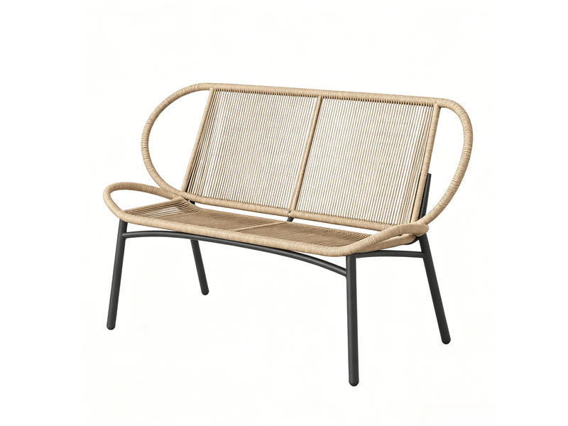  Banc de jardin 2 places 138 x 62 x 83 cm – noir et bois naturel – assise tressée pour extérieur  - Conforama A