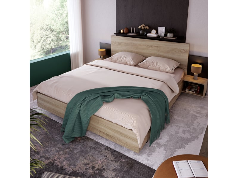  Ensemble lit double 160x200 cm avec 2 chevets suspendus, lit en bois massif fsc avec tête de lit et sommier à lattes, chêne sonoma et gris foncé OPULERANE TRADING LTD - Conforama E