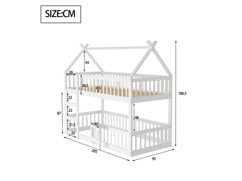 Lit superposé enfant 90x200 cm avec toit, en bois blanc sans matelas - Conforama C