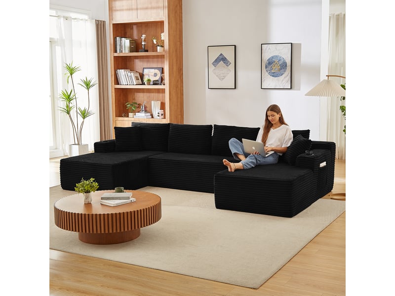  Canapé d'angle 4 places en u canapé modulable canapé compressé en velours côtelé avec porte-gobelets poches latérales, noir  - Conforama D