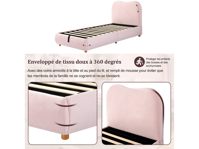  Lit capitonné, lit simple, lit enfant 90 x 200 cm, lit à hauteur réglable hydraulique, sommier à lattes, tête de lit et grand espace de rangement, tête de lit capitonnée, velours, rose  - Conforama E