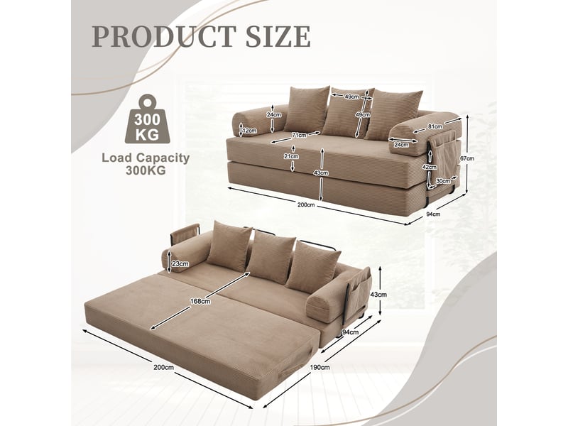 Canapé modulaire configurable avec poche latérale et 3 coussins, structure en métal et velours côtelé kaki - Conforama D