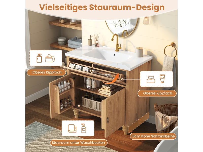 Meuble sous vasque 81x47x86 cm - grand rangement - mdf - mobilier fonctionnel - vasque intégrée - rangement sous lavabo - bois naturel CozyNest - Conforama E