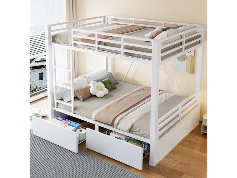  Lit superposé 140 × 200 cm, métal et bois, 2 tiroirs de rangement, échelle intégrée, barrières de protection, blanc  - Conforama E