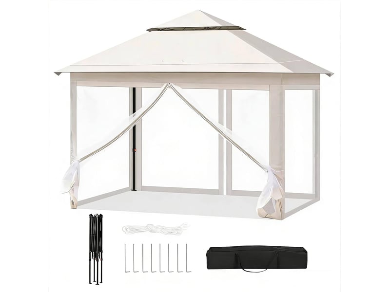  Gazebo pliant 300 x 300 cm - beige - toit double ventilé, moustiquaires amovibles et sac de transport  - Conforama D
