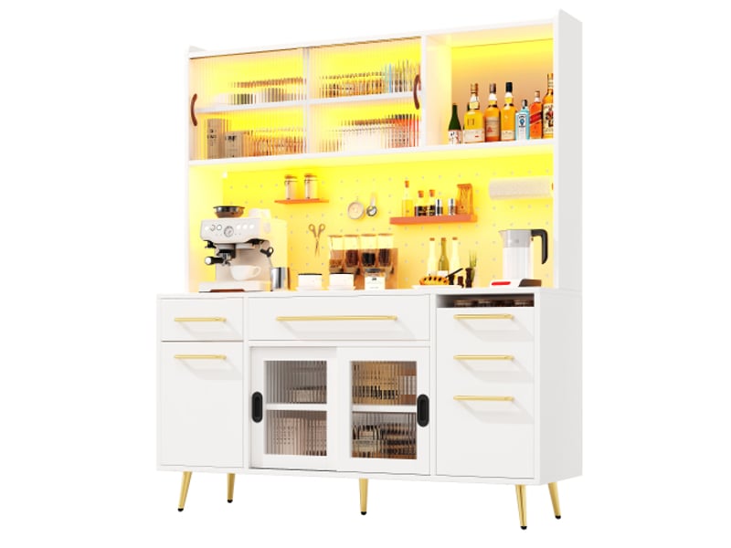  Buffet moderne led avec panneau perforé, tiroir et porte vitrée, blanc, cuisine &amp; salon  - Conforama D