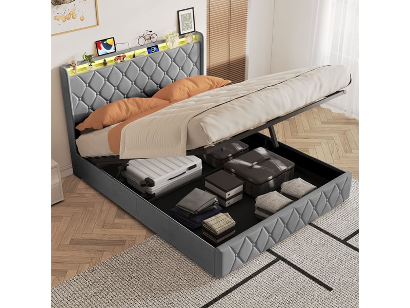 Cadre de lit 140x200 cm avec rangement sous lit à vérin pneumatique, tête de lit rembourrée en velours gris foncé, éclairage led rgb, ports usb et type-c, lit adulte design moderne - Conforama B