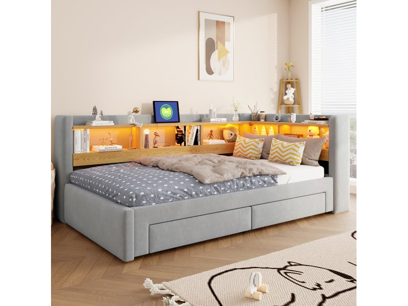  Lit gigogne 90x200 cm extensible avec led et prise en mdf et métal couleur gris sans matelas, design moderne  - Conforama D