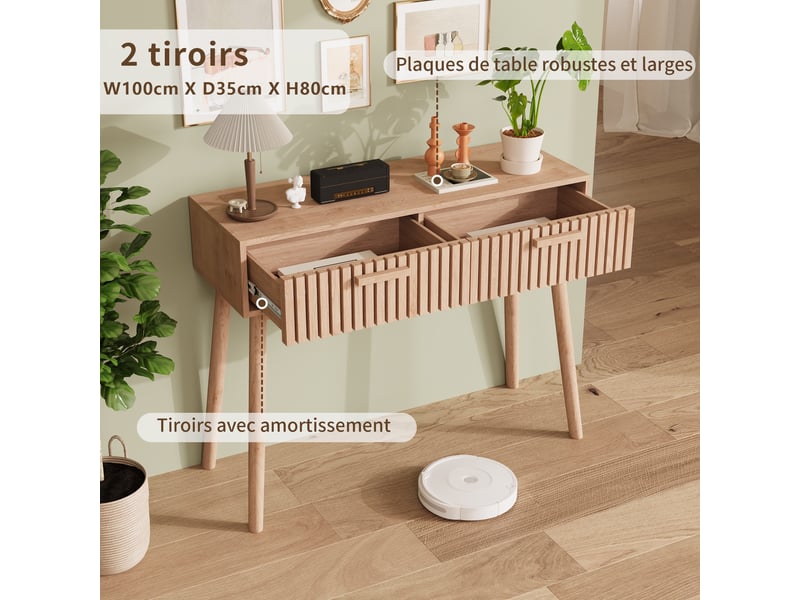 Table console d'entrée -100x35x80cm - table d'appoint en bois clair avec 2 tiroirs rainurés - style scandinave moderne - Conforama D