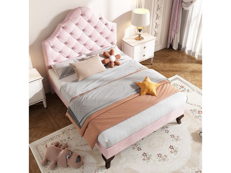  Lit simple rembourré fille - 90x200 cm - velours rose - tête de lit réglable - sommier à lattes rose - Conforama C