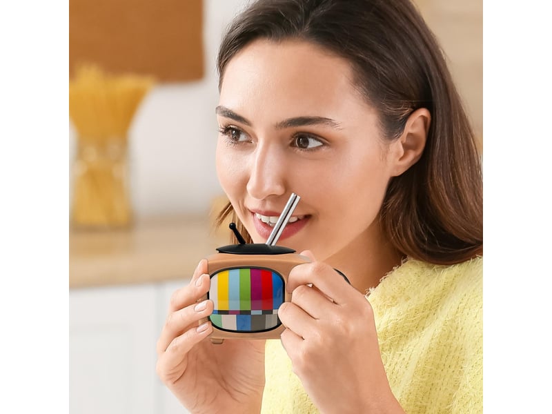  Mug en céramique avec couvercle et paille, télévision rétro, marron, 450 ml  - Conforama B