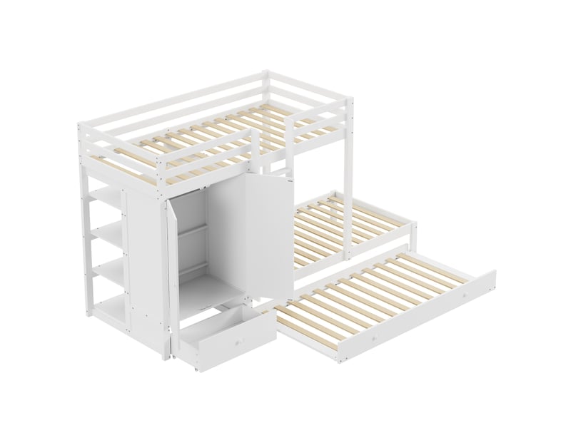  Lit superposé en bois massif 90x200 cm avec lit gigogne, lit enfant avec armoire, tiroirs et compartiment de rangement, blanc  - Conforama E