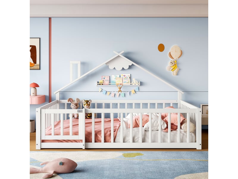  Lit simple plat, 140 x 190 cm, barrière de sécurité, barrière avec verrou, bois de pin, blanc  - Conforama C