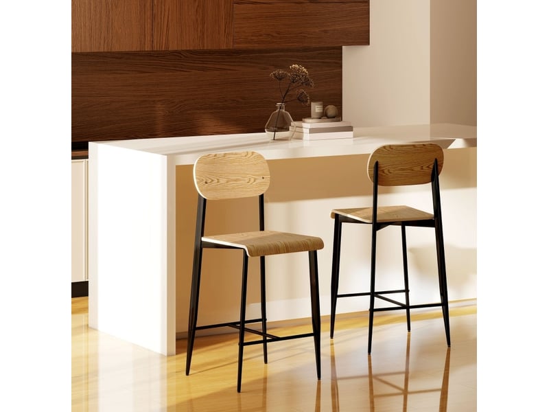  Lot de 2 tabourets de bar 55x43x103 cm avec repose-pieds en métal, bois naturel et noir  - Conforama E