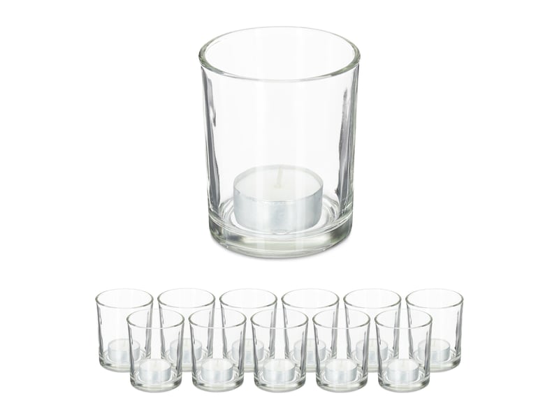 Lot de 12 photophores ronds décoratifs ambiance chaleureuse 8 x 8 cm en verre transparent 13_0011629  - Conforama B