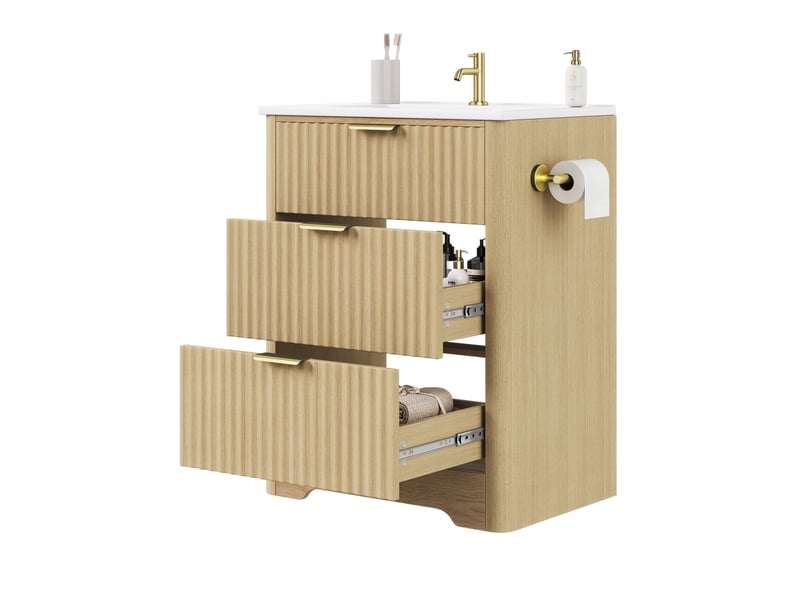 Meuble sous vasque lavabo, 2 tiroirs et porte-papier réversible pour salle de bain, mdf bois naturel, 61 × 47 × 82 cm  - Conforama A