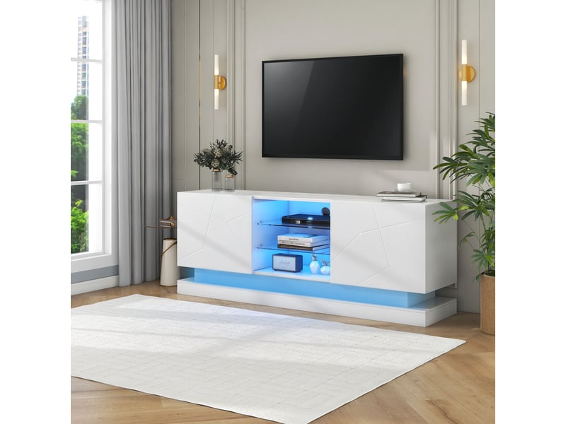  Meuble tv blanc mat 160 cm avec étagère verre réglable et charnières silencieuses  - Conforama B