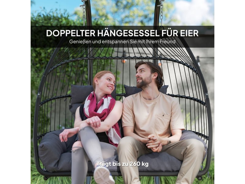  Banc de jardin fauteuil suspendu 2 personnes charge jusqu’à 260 kg structure acier thermolaqué stabilité triangulaire au sol rotin synthétique dossier en tressage de corde forme ergonomique coussin en mousse épaisse  - Conforama E