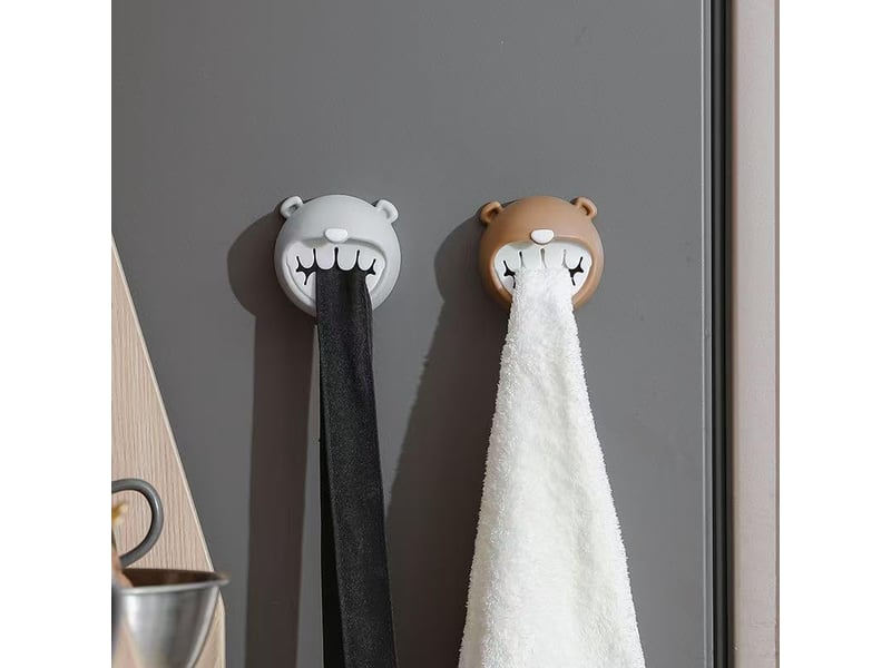 Crochets muraux ours mignons pour serviettes, cintres de salle de bain autocollants, lot de 2, marron et gris - Conforama C