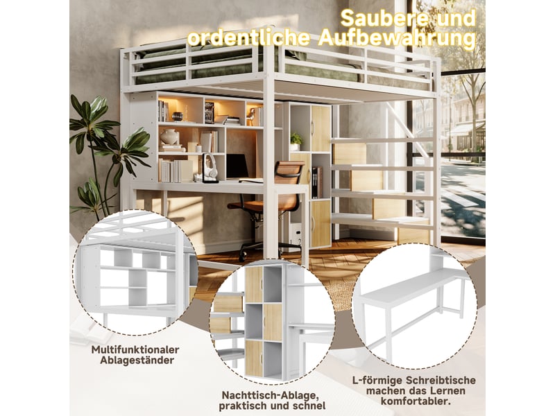  Lit mezzanine 140x200 cm en métal avec meuble-échelle, niche de rangement et led intégrée, lit gain de place - blanc Morn Vibe - Conforama E