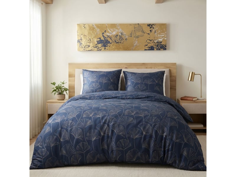 Parure housse de couette 260x240cm + 2 taies motif feuillage ginko bleu et beige 100% microfibre - valfor VALFOR - Conforama A