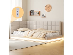 Lit banquette 90x200 cm beige en lin, led, prise usb et sommier à lattes, couchage multifonction