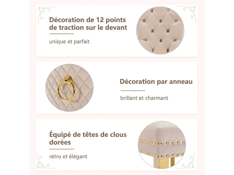  Lot de 6 chaises de salle à manger en velours beige, pieds en acier inoxydable doré, finition avec clous décoratifs et anneau au dos  - Conforama W