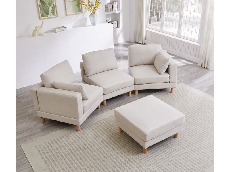 Canapé d'angle 3 places scandinave beige avec pouf 235x152x78 cm - tissu polyester et pieds en bois massif - Conforama E