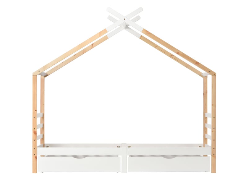  Lit cabane enfant 90x200cm - blanc et bois 2 tiroirs rangement - lit enfant - forme maison pin massif sommier inclus  - Conforama E