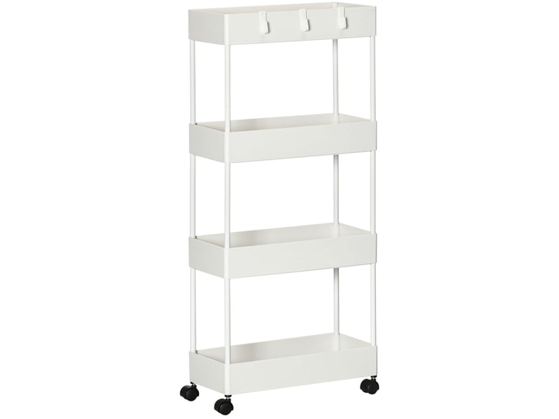  Desserte de rangement 40x19x90 cm, 4 niveaux, 3 crochets amovibles, roulettes avec frein, acier, multifonction, blanc  - Conforama A