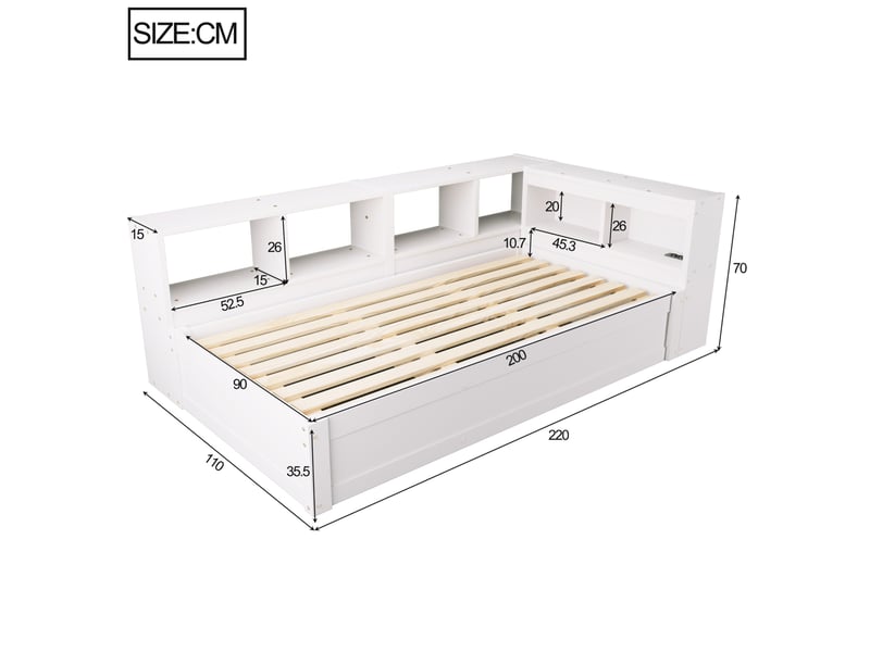 Lit simple 90x200 cm avec rangement hydraulique et led en mdf blanc  - Conforama E